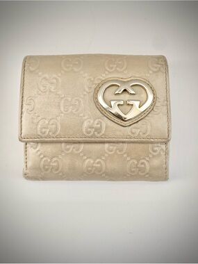Gucci Cream Embossed GG Heart Logo Compact Wallet